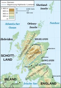 Schottland im Norden des Vereinigten Königreichs als Ursprung des Wesites. Quelle: Vereinfachte topografische Karte von Schottland in deutscher Sprache. Autoren: Eric Gaba (Übersetzung: Jörg Schwerdtfeger) Wikipedia