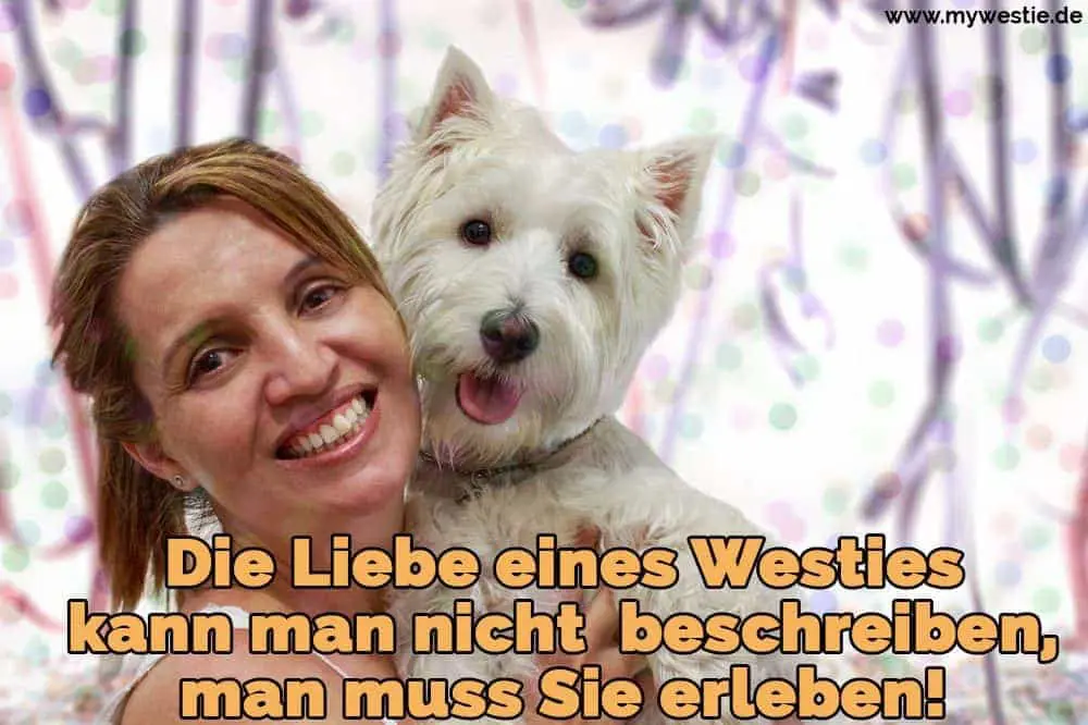 Die Liebe eines Westies kann man nicht beschreiben, man muss Sie erleben! Eine glückliche Frau umarmt sie Westie