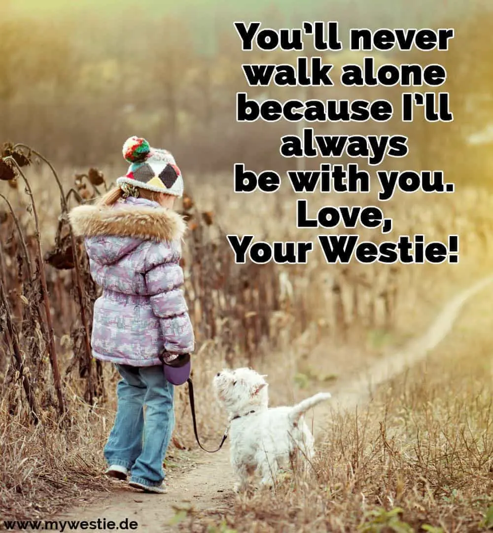 You’ll never walk alone because I’ll always be with you. Love, Your Westie! Ein Mädchen geht mit ihrem Westie in Feld